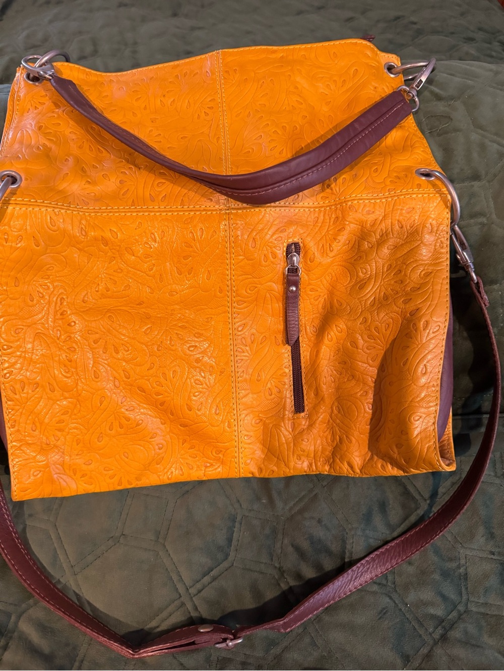 Italian Leather Embossed Orange Shoulder Bag with Brown Trim